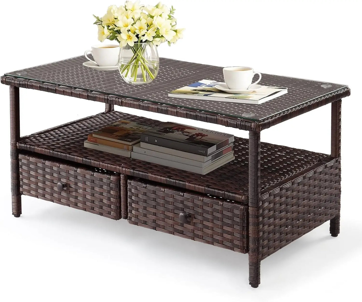 Outdoor Wicker CoffeeTable Patio Coffee Tables for Outside, Tempered Glass Top Wicker Table with Storage Coffee Table for Patio