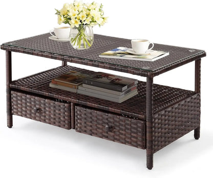 Outdoor Wicker CoffeeTable Patio Coffee Tables for Outside, Tempered Glass Top Wicker Table with Storage Coffee Table for Patio