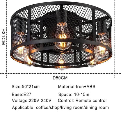 Reversible 6 Speed  Ceiling Fan Lights with Remote Control Black Cage Flush Mount Fandelier Rustic Farmhouse Lighting