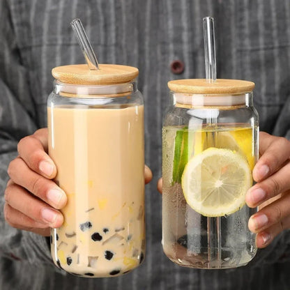 450ml/550ml Transparent Glass Cup with Wooden Lid and Straw Home High Borosilicate Glass Juice Cup Water Cup Drinking Utensils