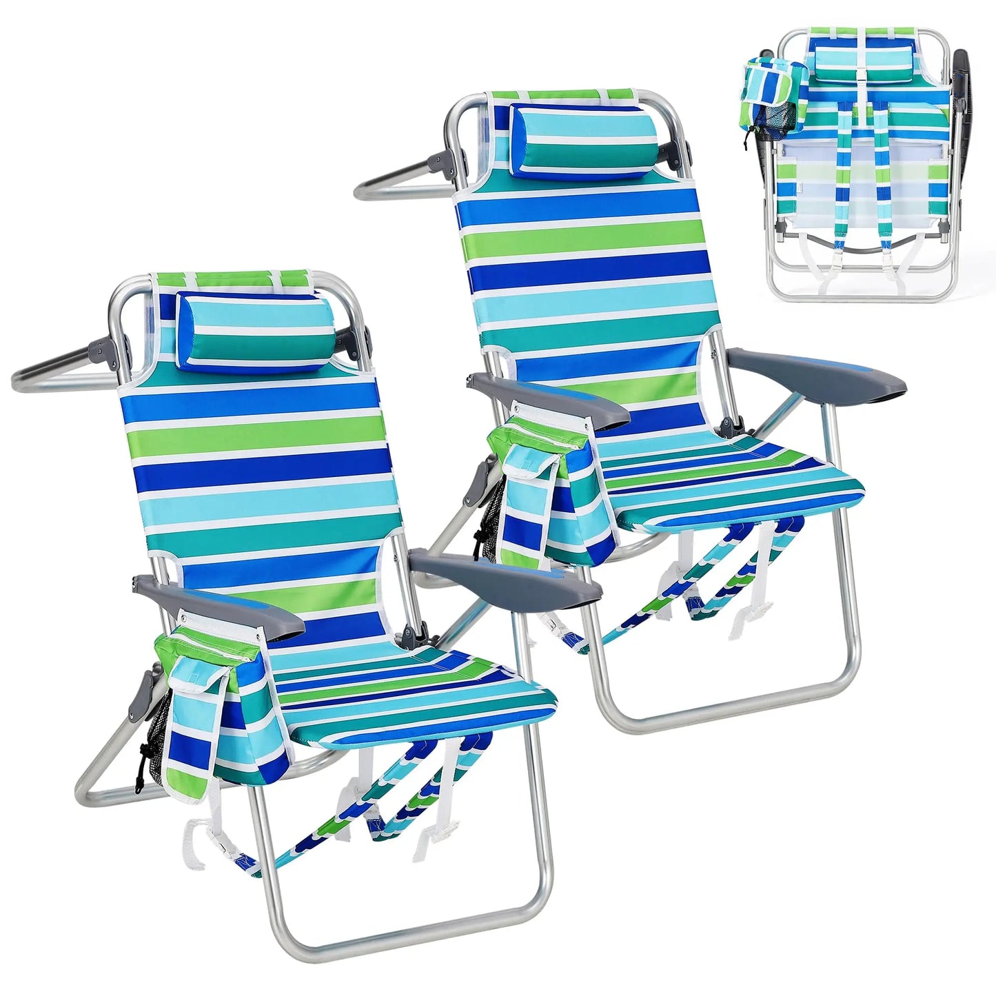 2 Pack High Backpack Beach Chair Lay Flat Folding Camping Chair Lightweight Portable Outdoor Lounge With Cooler Pouch Cup Holder