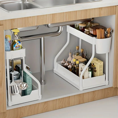 2 Tier Pull Out Storage Space Saving Box R-shaped Simple Durable Large Capacity Kitchen Bathroom Essential Drawer Organizer