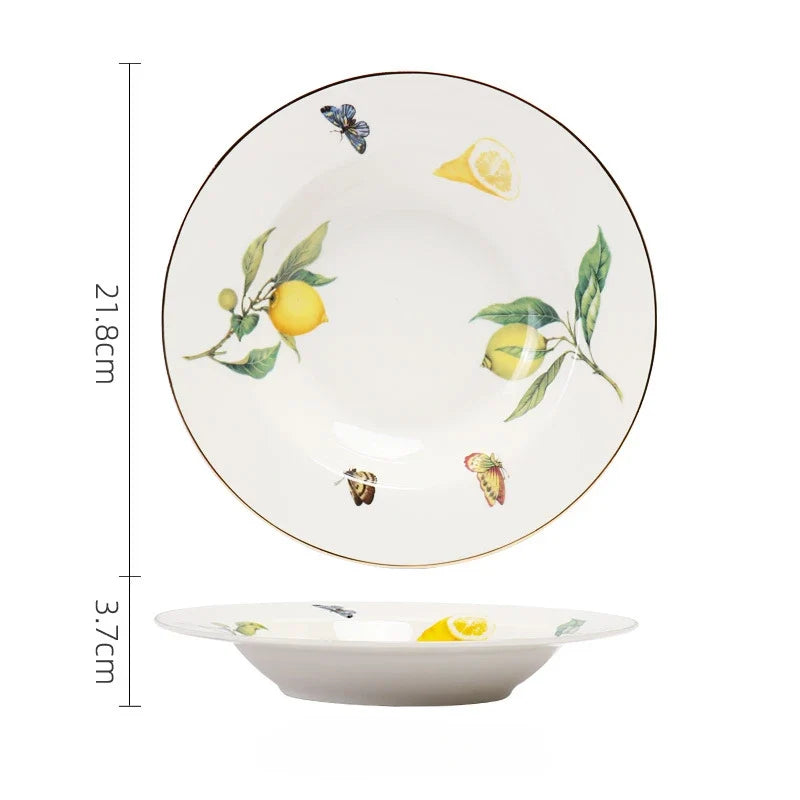 Europeanc Style Ceramic Dining Plate Elegant Lemon Pattern Dinner Steak Plate Coffee Cup Set Western Cuisine Dessert Plate