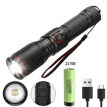 Powerful LED White Laser Flashlight 18650 or 21700 Battery Aluminum Alloy Zoom Torch Light Lamp with Tail Rope Power Indicator