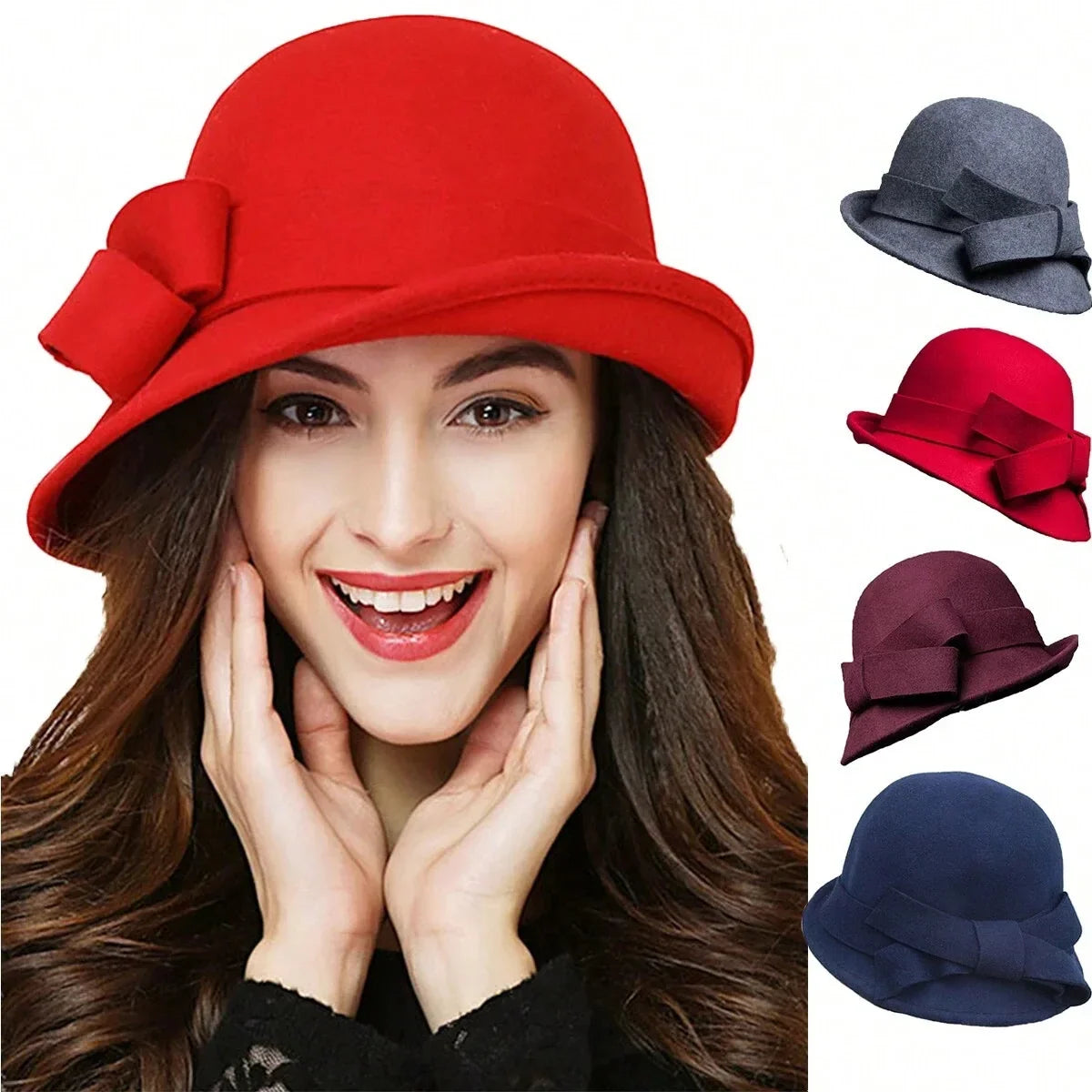 Hat Children Elegant Retro Woolen Top Hat Curled Edge Bow Fashion Pot Hat Big Head Circumference Felt Palace Hat