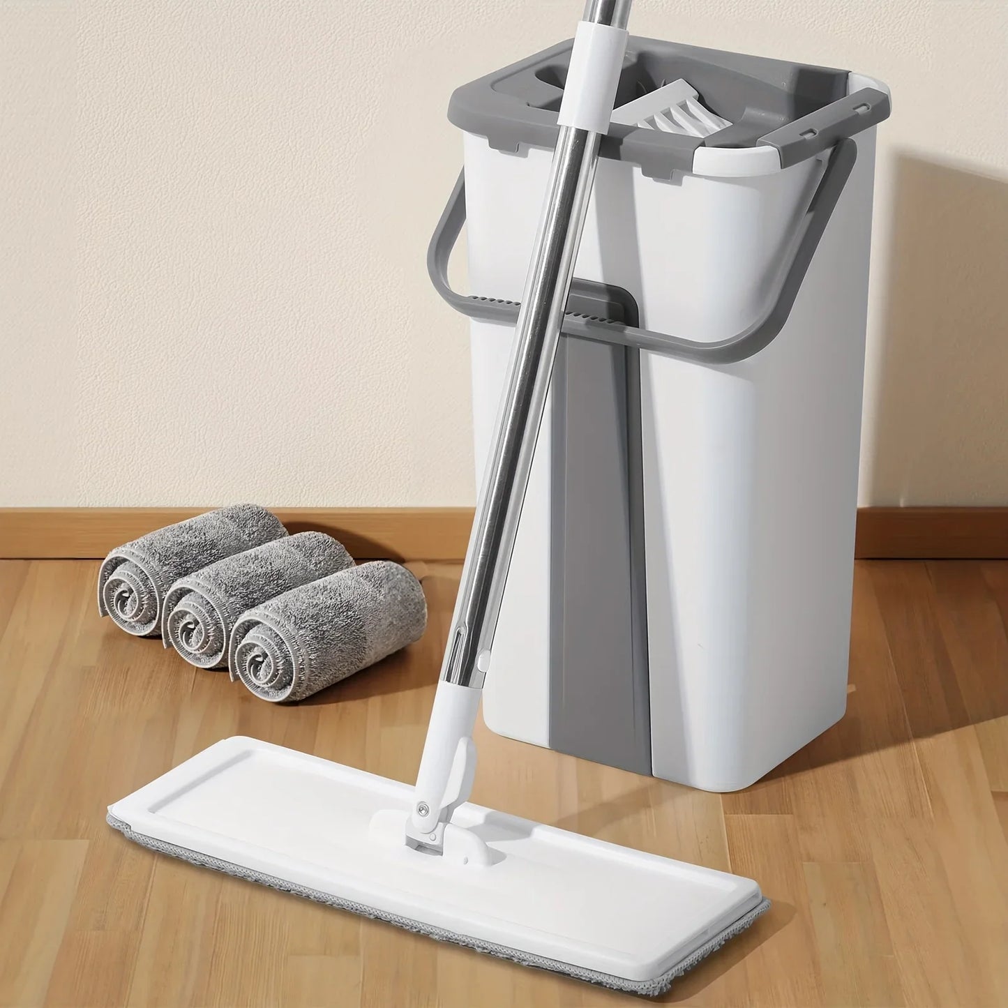 Spin Mop and Bucket Set with Wringer, Floor Cleaning System with 3 Washable Microfiber Pads for Wet & Dry Use on All Floors