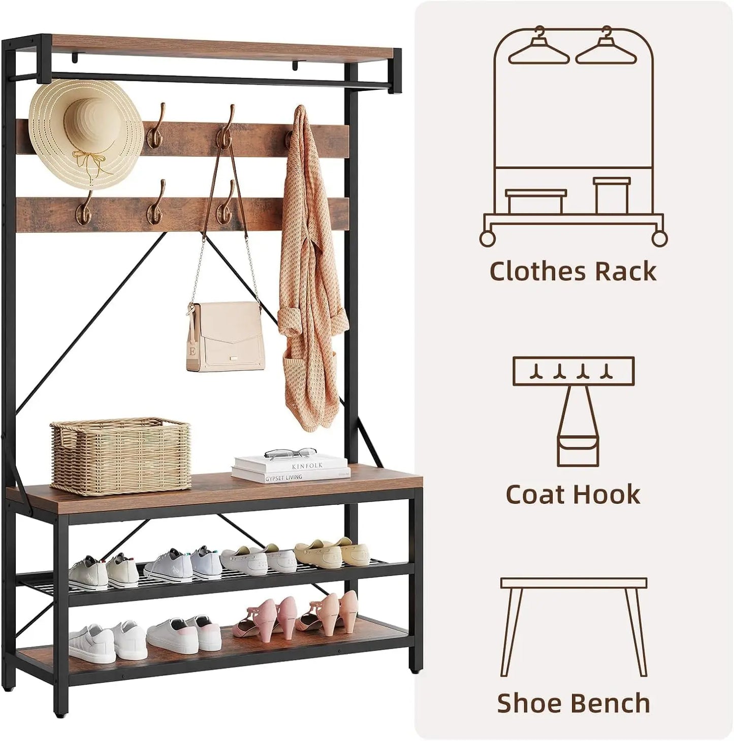 Industrial Hall Tree Coat Rack with Bench & 3-Tier Shoe Storage, 8 Hooks, Sturdy Metal Frame,Entryway Organizer for Hallway
