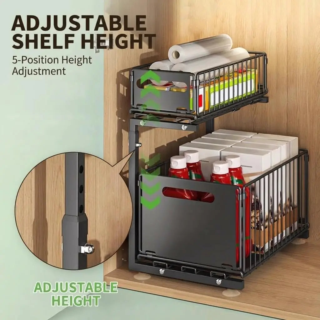 2-Tier Height Adjustable Under basin Organizer with Sliding Mesh Drawers Metal Pull Out Rack Shelf for Kitchen, Bathroom, Pantry