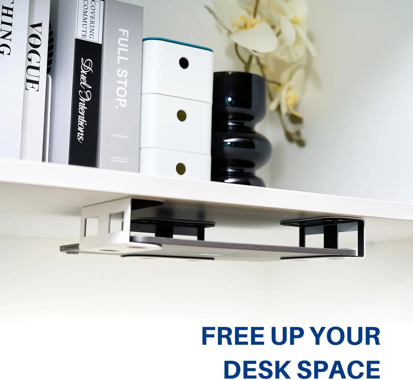 Under Desk Laptop Mount, Metal Under Desk Shelf Holder for Laptop, Mac Mini, Macbook, Keyboard with Anti-Scratch Silicone