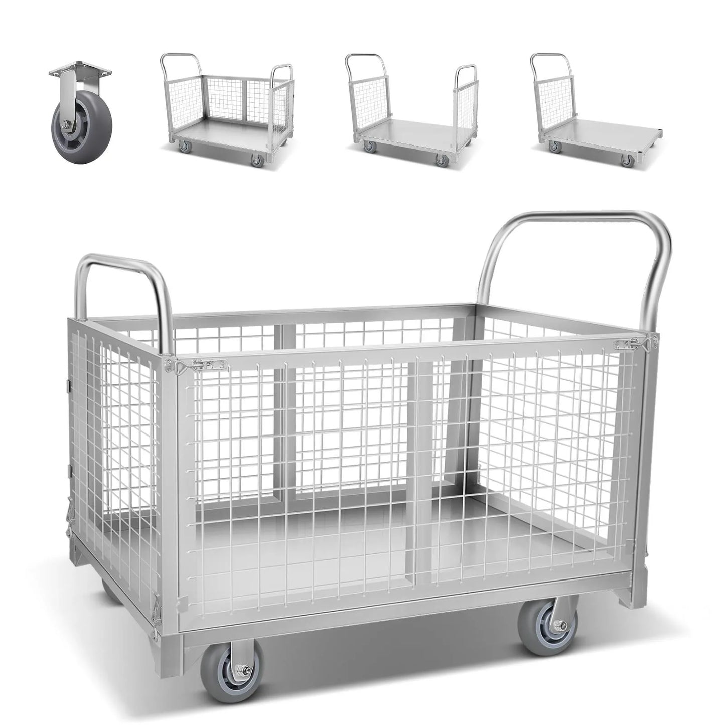 2200LBS Platform Truck Cart with Cage 4 in 1 Wire Mesh Cage Cart Basket Cart