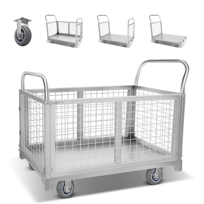 2200LBS Platform Truck Cart with Cage 4 in 1 Wire Mesh Cage Cart Basket Cart
