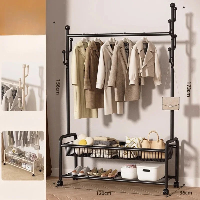 Metal Cream Wheeled Standing Coat Rack Clothes Rack Hat Bag Hanger Bedroom Entryway Hall Closet Organizer Home Furniture