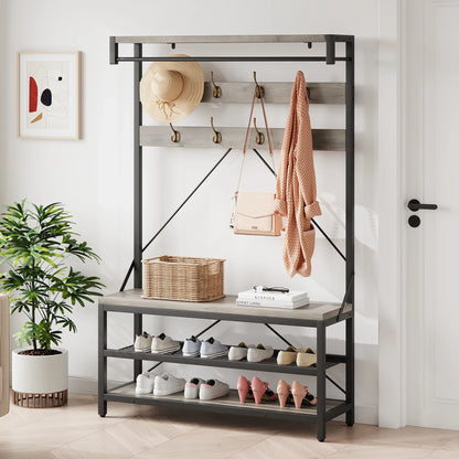 Industrial Hall Tree Coat Rack with Bench & 3-Tier Shoe Storage, 8 Hooks, Sturdy Metal Frame,Entryway Organizer for Hallway