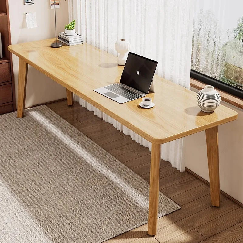 Double desk with solid wood legs, long and simple, for home use, near a window or wall, narrow table/workbench