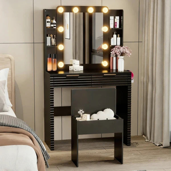 Makeup Vanity Desk with 10 Bulbs, Fluted Dressing Table with Charging Station, 2 Drawers and 4 Open
