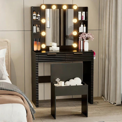 Makeup Vanity Desk with 10 Bulbs, Fluted Dressing Table with Charging Station, 2 Drawers and 4 Open
