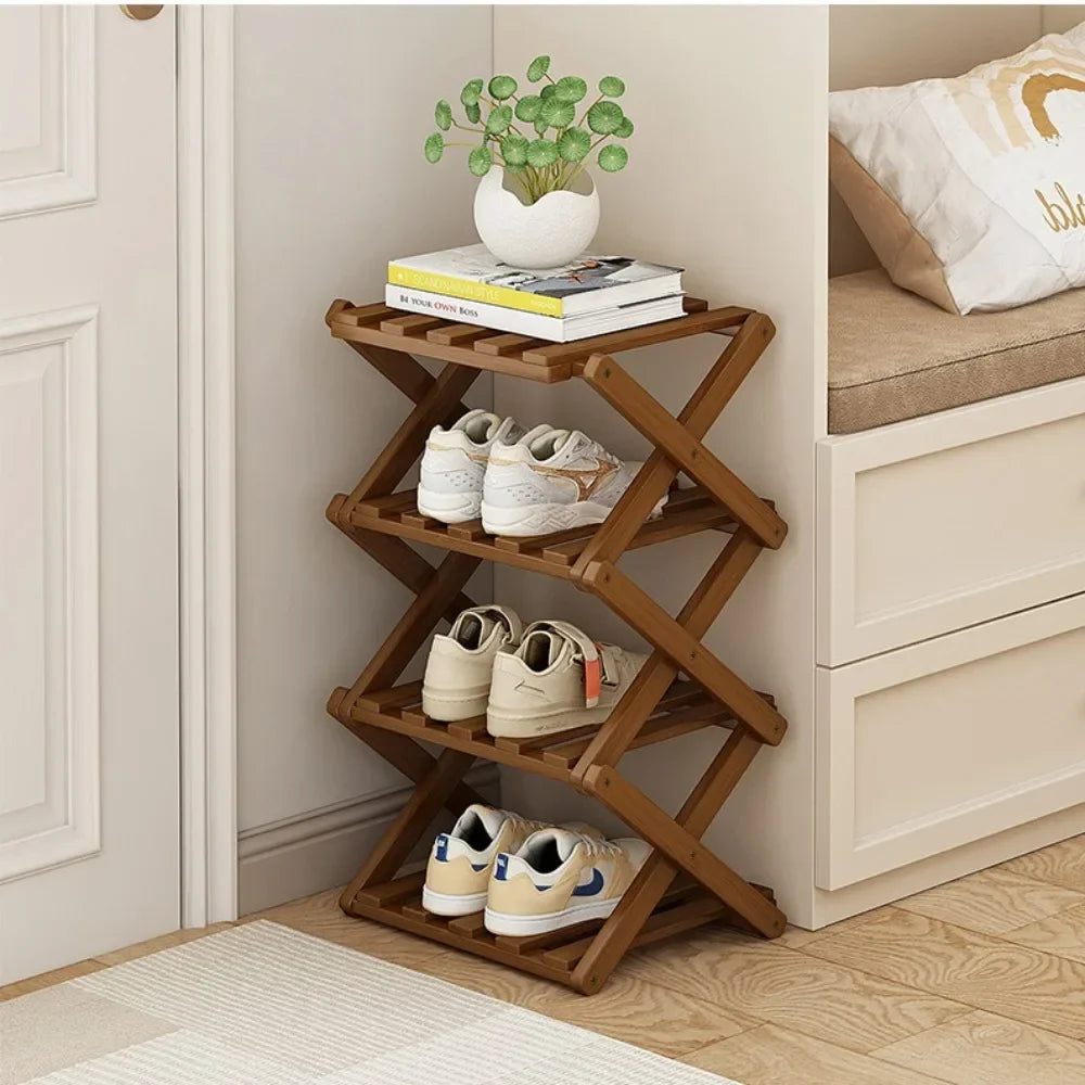 Shoe Rack Bamboo Made Telescopic Doorway Shoe Rack No Installation Required Frame Multi Layer Household Foldable Shoes Shelves