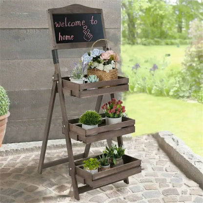 Folding Wood A-Frame Pavement Chalkboard With 3 Tier Ladder Plant Stand Shelf
