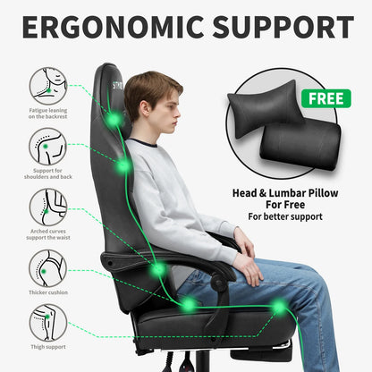 gaming chair with footrest, 400LBS capacity. Adjustable lumbar support, height-reclining. Heavy-duty PU leather, ergonomic