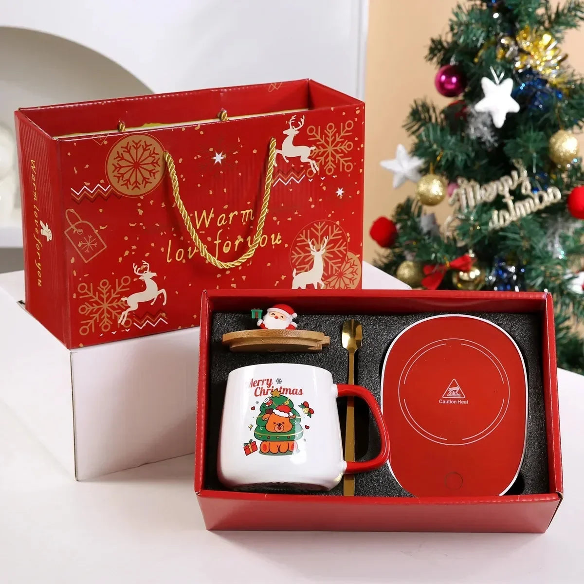 Christmas Gift New Year Set:55 ℃ Thermostat Mugs Cup Santa Claus Ceramic Cup with Lid Spoon Mugs Coffee Cups for Office or Home