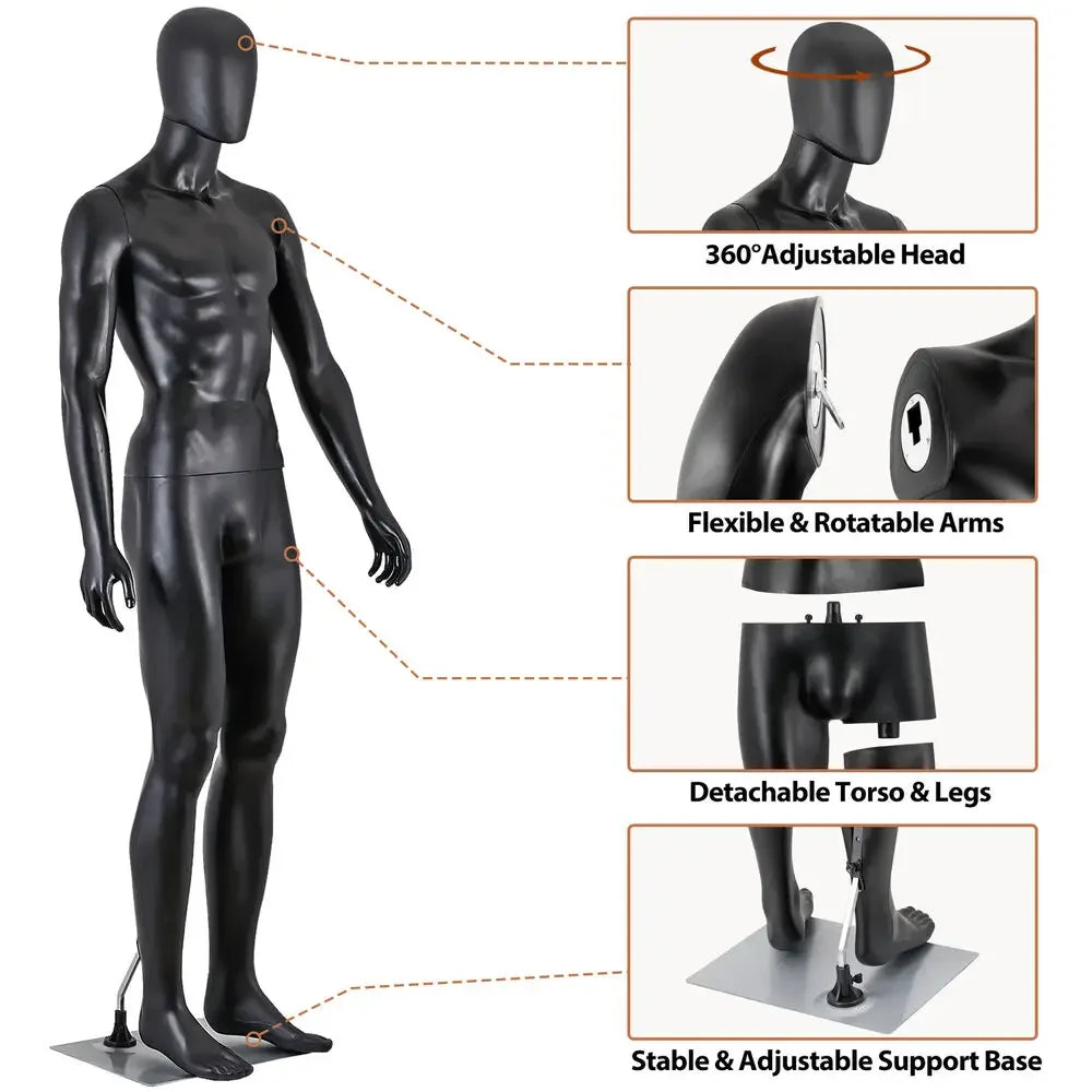 Male Dress Form 73'' Height Full Body Adjustable Mannequin for Display Black