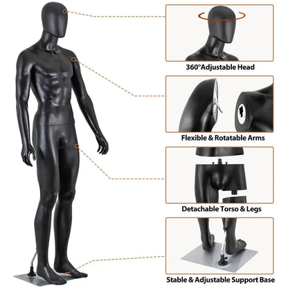 Male Dress Form 73'' Height Full Body Adjustable Mannequin for Display Black