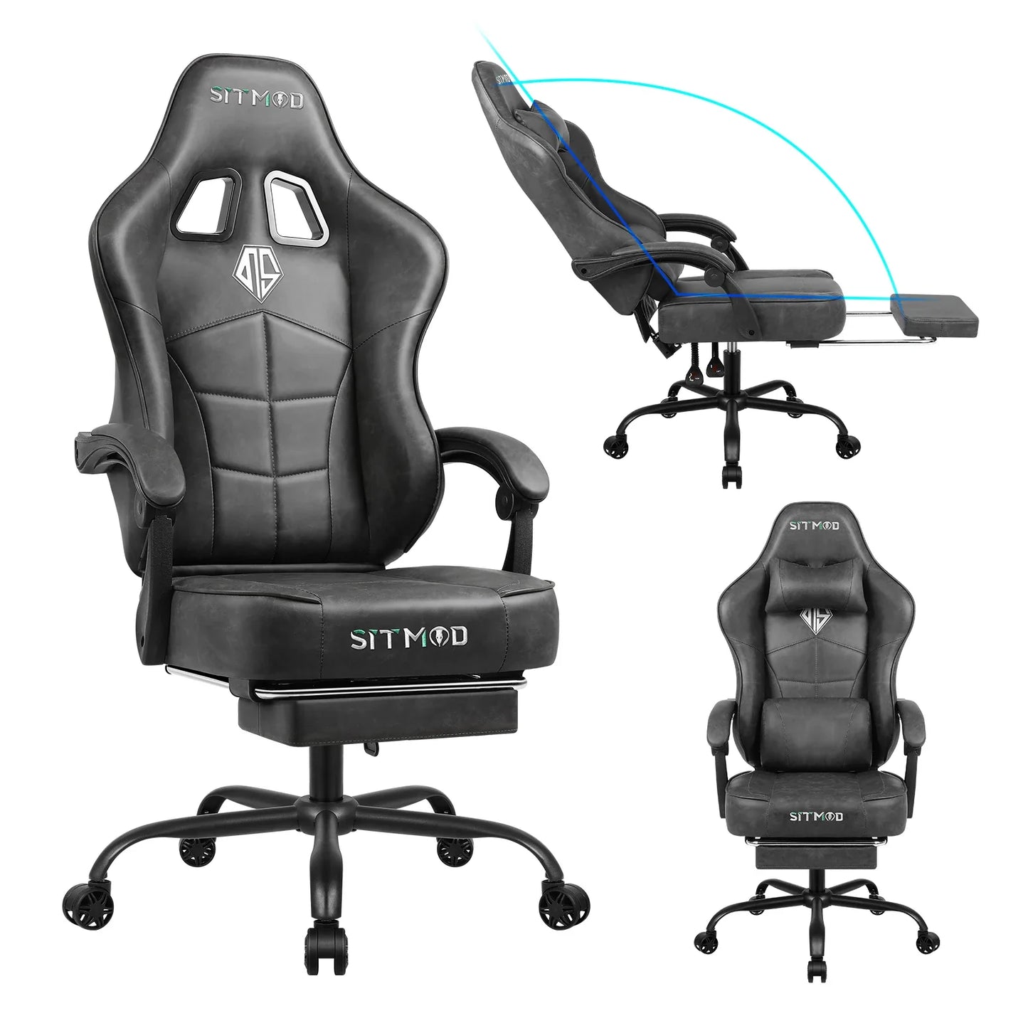 gaming chair with footrest, 400LBS capacity. Adjustable lumbar support, height-reclining. Heavy-duty PU leather, ergonomic
