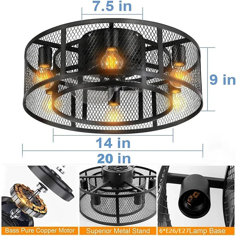 Reversible 6 Speed  Ceiling Fan Lights with Remote Control Black Cage Flush Mount Fandelier Rustic Farmhouse Lighting