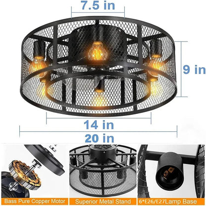 Reversible 6 Speed  Ceiling Fan Lights with Remote Control Black Cage Flush Mount Fandelier Rustic Farmhouse Lighting