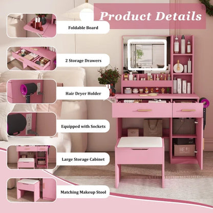 Vanity Desk with LED Mirror Lights and Power Outlet Charging Station, Makeup Dressing Table with 3