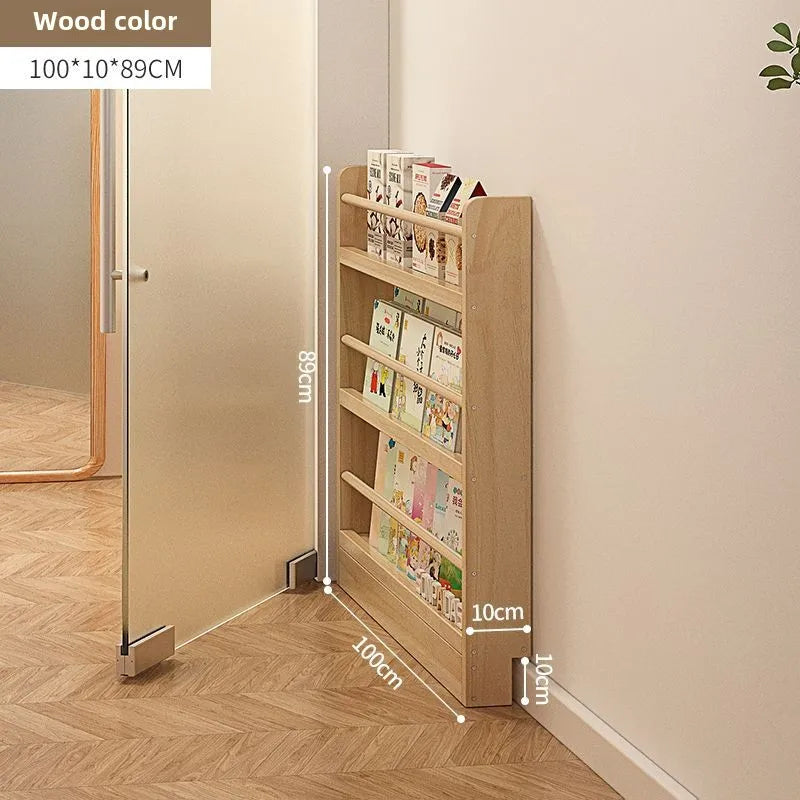 Solid wood bookshelf, floor standing wall mounted multi-layer storage rack, household bookshelf, thin bookshelf behind the door