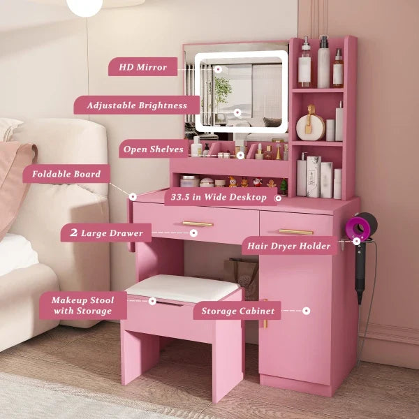 Vanity Desk with LED Mirror Lights and Power Outlet Charging Station, Makeup Dressing Table with 3