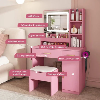 Vanity Desk with LED Mirror Lights and Power Outlet Charging Station, Makeup Dressing Table with 3