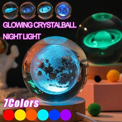 Unique 3D Crystal Ball Lamp with Galaxy and Planetary Projections USB Night Light RGB 7 Colors Dimming Atmosphere Lights Gift
