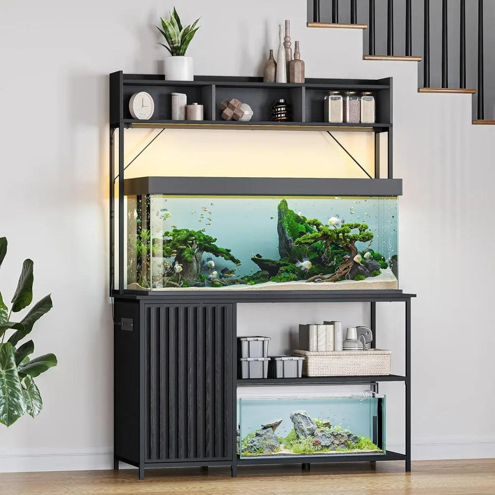 55-90 Gallon Aquarium Stand with LED Lights, Fluted Cabinet For Fish Tank Accessories Storage, Heavy Duty Metal & Power Outlets