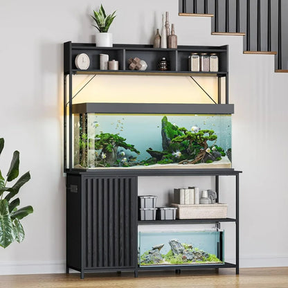 55-90 Gallon Aquarium Stand with LED Lights, Fluted Cabinet For Fish Tank Accessories Storage, Heavy Duty Metal & Power Outlets