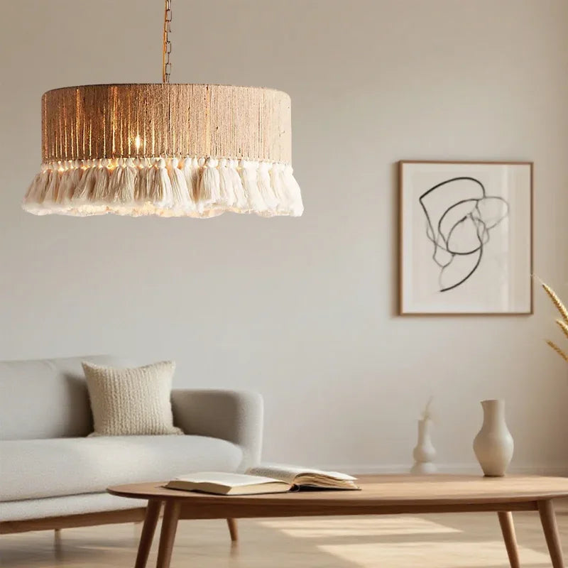 Bohemian Vintage Hemp Rope Pendant light E27 Tassel Cage Chandelier with Dining Room Kitchen Island Farmhouse Rest hanging light