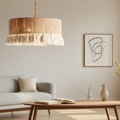 Bohemian Vintage Hemp Rope Pendant light E27 Tassel Cage Chandelier with Dining Room Kitchen Island Farmhouse Rest hanging light