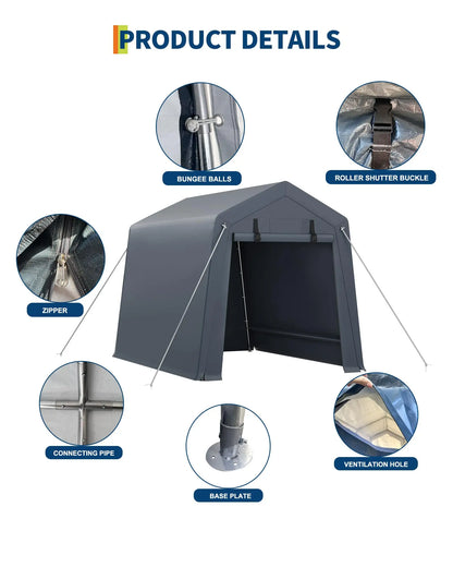 6x8 FT Heavy Duty Outdoor Storage Shed Portable Steel Frame Shelter With Waterproof PE Tarp Cover Dual Zipper Doors & Mesh Vents