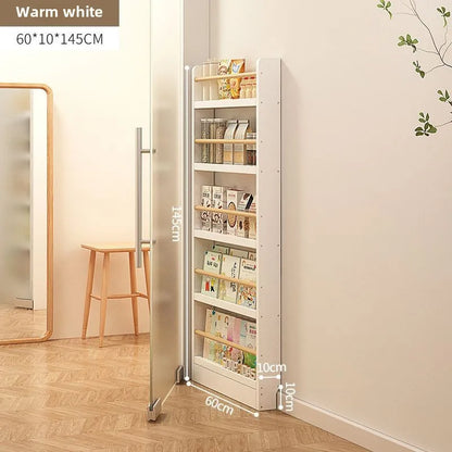 Solid wood bookshelf, floor standing wall mounted multi-layer storage rack, household bookshelf, thin bookshelf behind the door