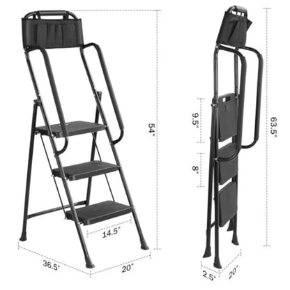 3 Step stool Ladder with Handrails 330 lbs folding Attachable Tool