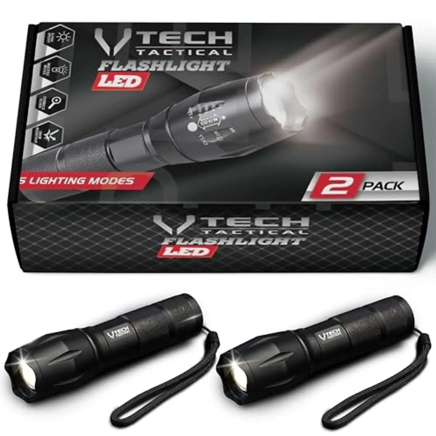Tactical LED Flashlights 2-Pack High Lumen 5 Modes Waterproof Flashlight for Hunting Camping Outdoor Gifts