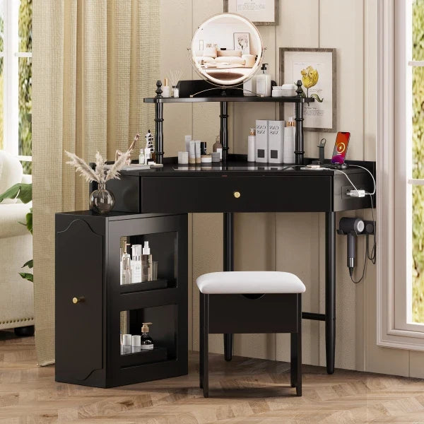 Vanity Desk Set with Storage Cushioned Stool and Charging Station, Triangle Makeup Desk with