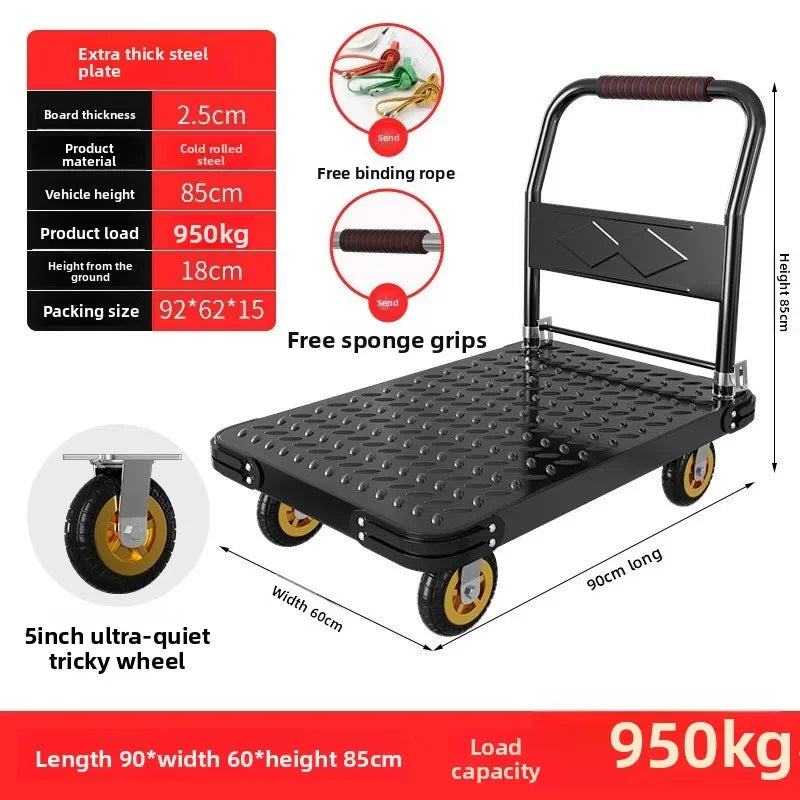 Steel plate pulling trolley trolley trolley handling thickened foldable portable silent trailer pulling flat truck