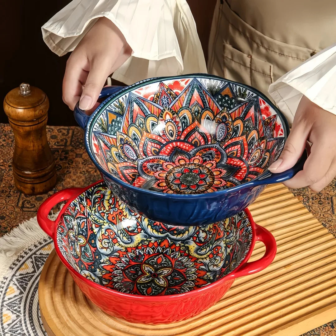 Bohemian Style Ceramic Soup Bowl with Handle Microwave Safe Embossed Design Great for serving soups salads ramen noodles