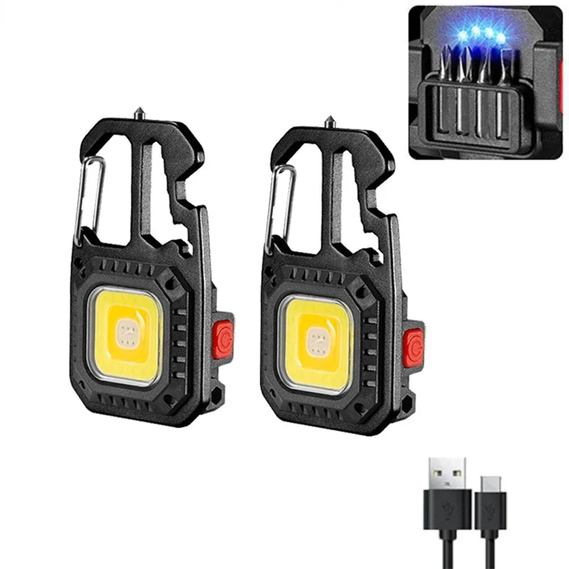 Mini LED Keychain Portable Work Light Pocket Flashlight USB Rechargeable Outdoor Camping Lamp With Window Hammer Bottle Opener
