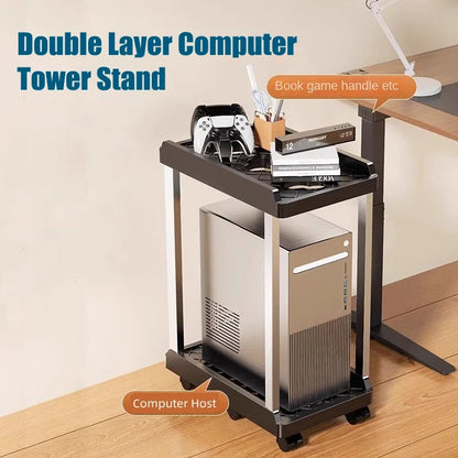 Universal PC Case Holder Under Desk Mobile CPU Stand Adjustable Double-Layer Computer Host Stand Bracket Rack with 4/6 wheels