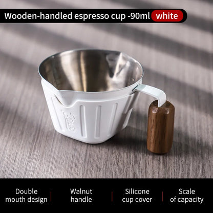 Bincoo Professional Espresso Measuring Cup, 90ml Dual Spout with Wood Handle and ml/oz Scales for Barista-Level Control