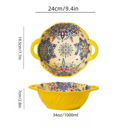 Bohemian Style Ceramic Soup Bowl with Handle Microwave Safe Embossed Design Great for serving soups salads ramen noodles