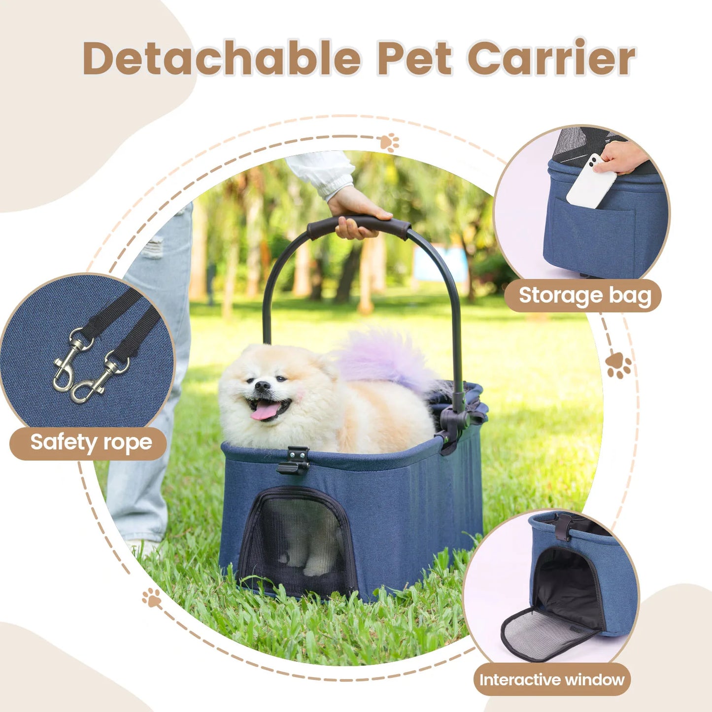 3 in 1 Dog Stroller, Upgraded Frame, Up to 44lbs Pet Stroller with Dog Poop Bags & Dispenser, Zipperless Entry, Storage Basket &